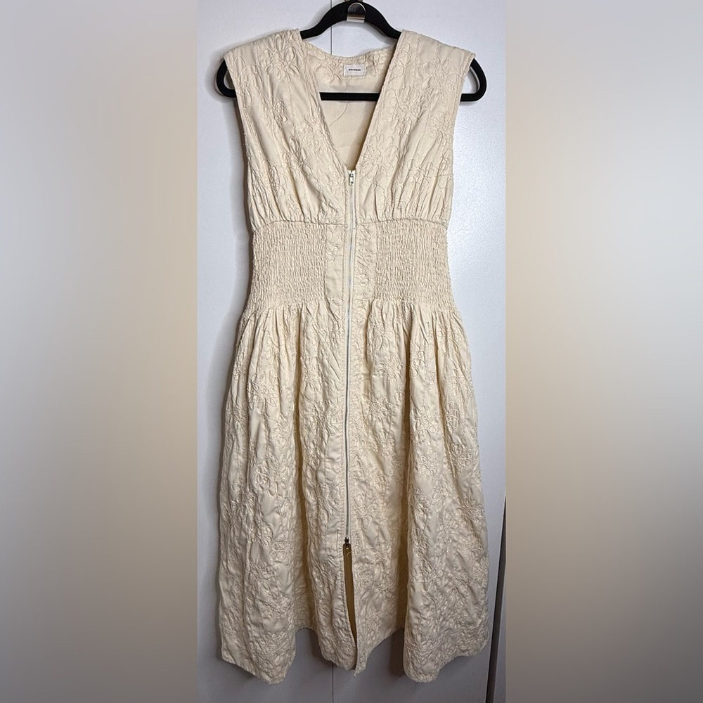 Aureum Cream Midi Dress Zip Up Embroidered Flowers Smocked Medium
